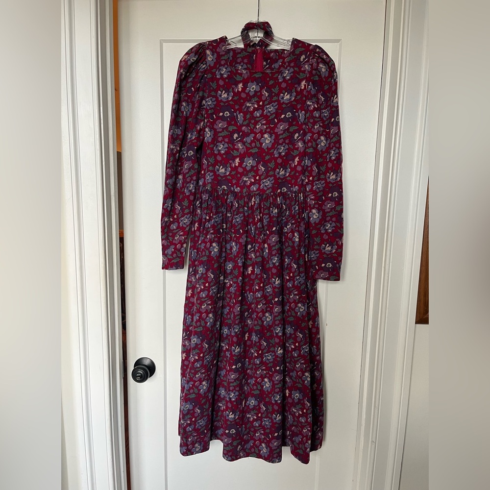 Laura Ashley Vintage 80s Cottagecore Floral Corduroy Puff Long Sleeve Dress